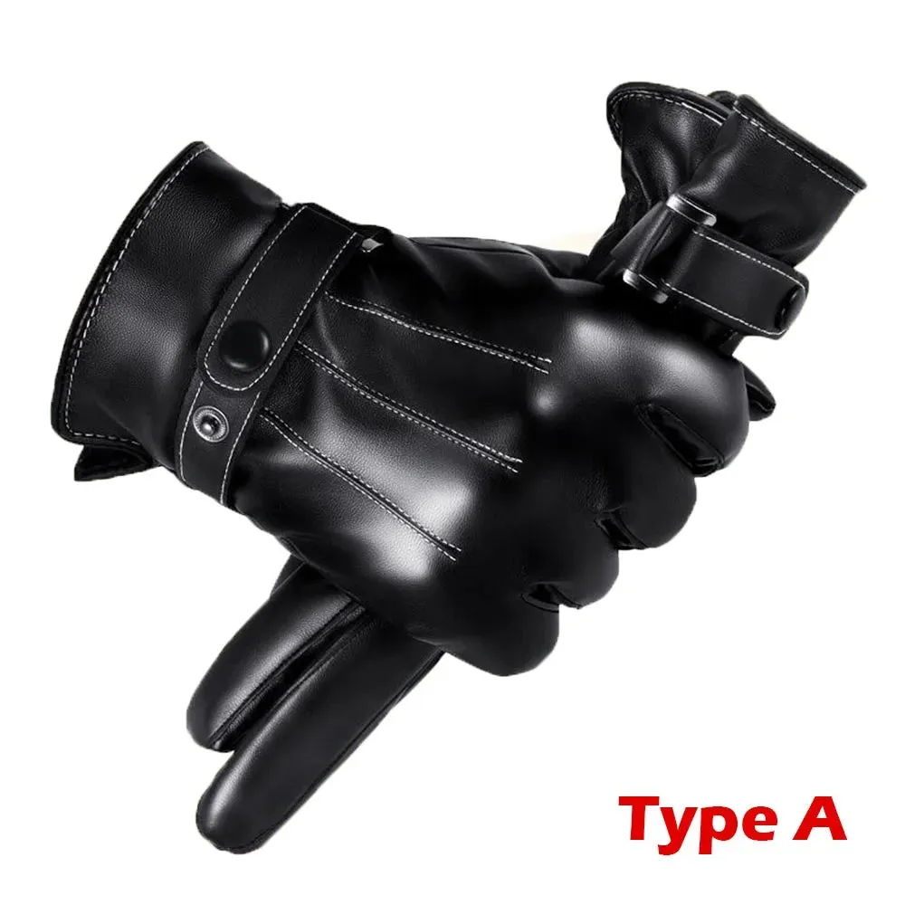 1 Pair High Quality Full Finger Black Riding Gloves  Men PU Leather Glove Winter Warm Touch Screen Gloves