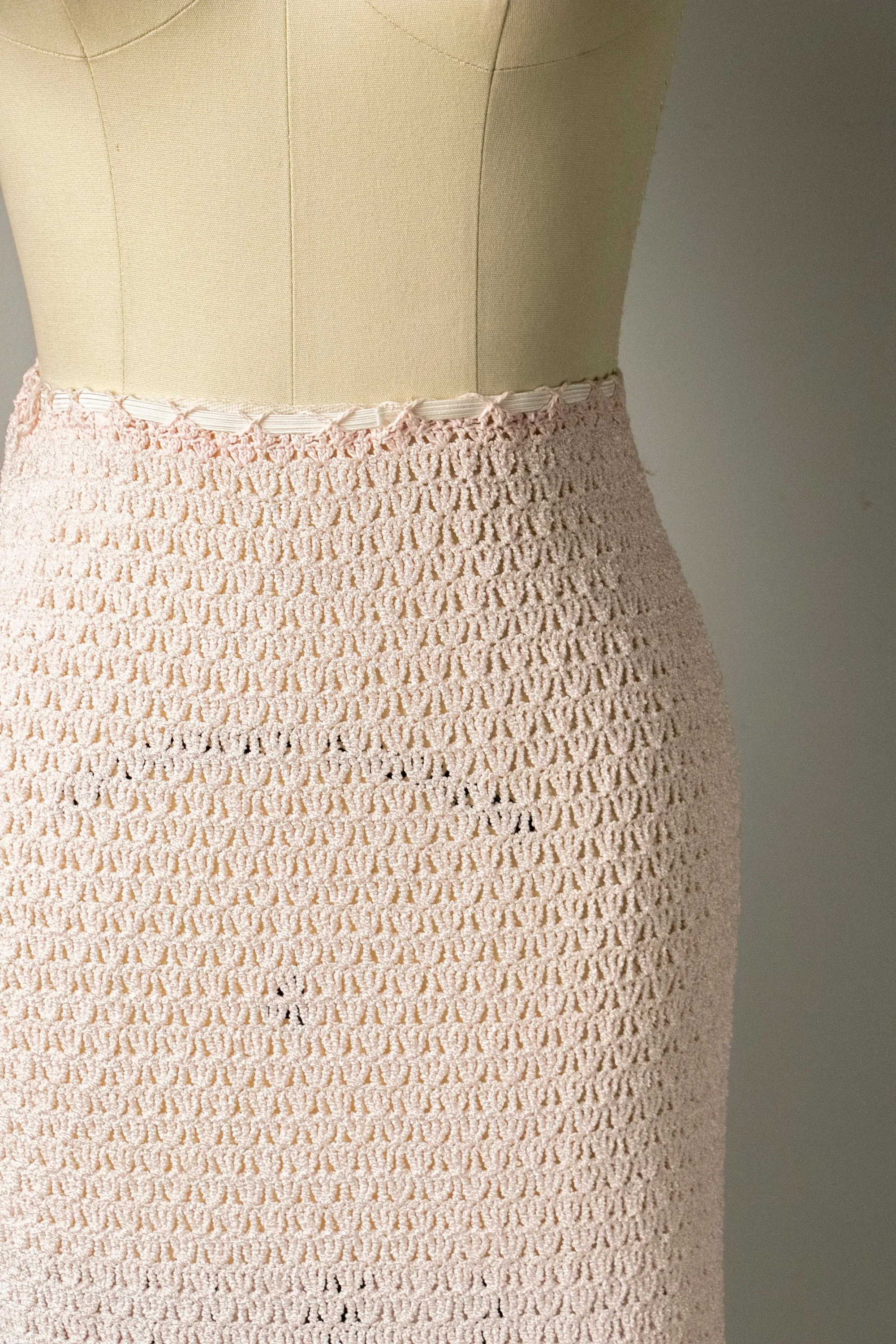 1950s Ensemble Crochet Cotton Knit Skirt Top Set XS / S