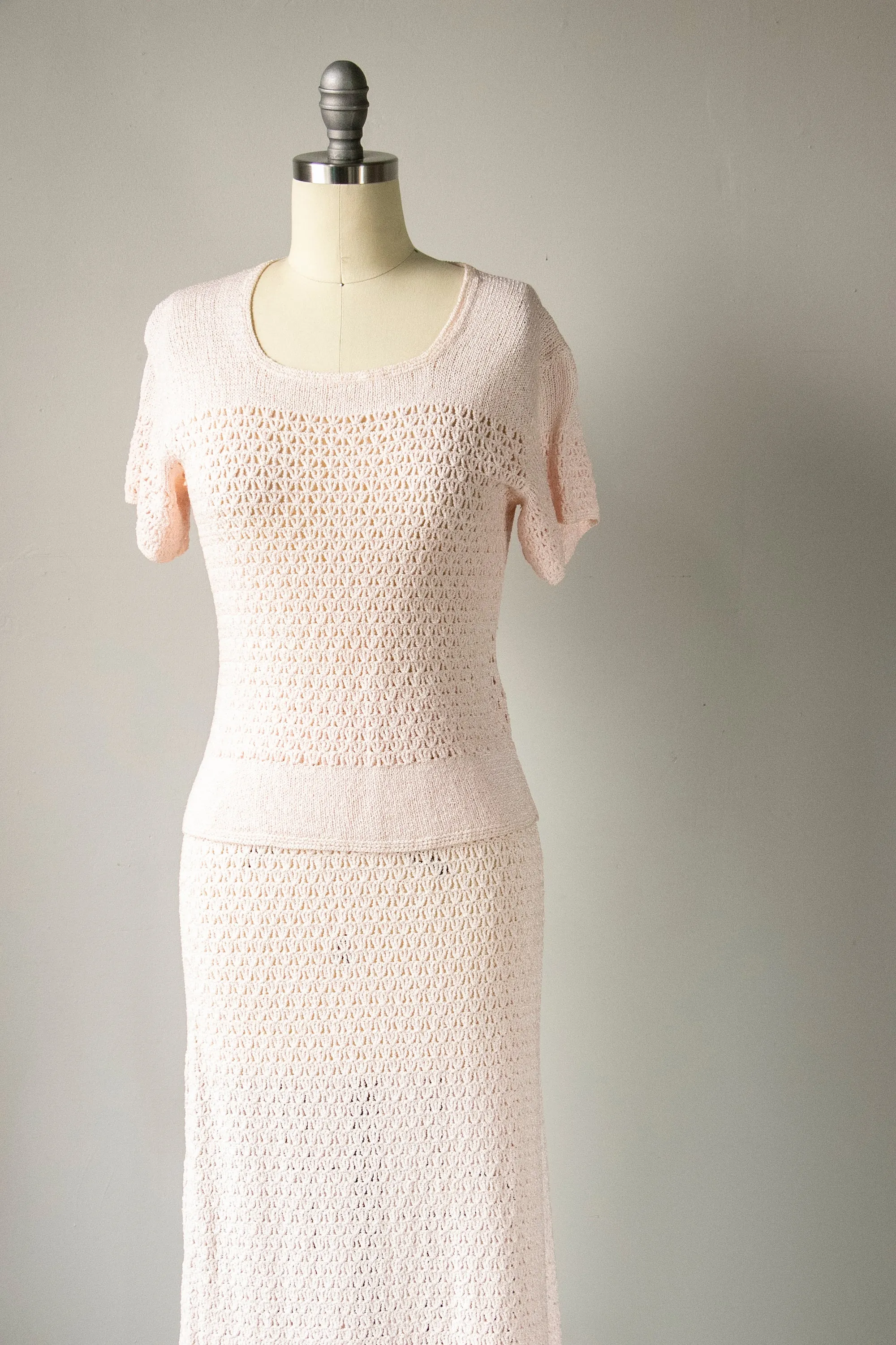 1950s Ensemble Crochet Cotton Knit Skirt Top Set XS / S