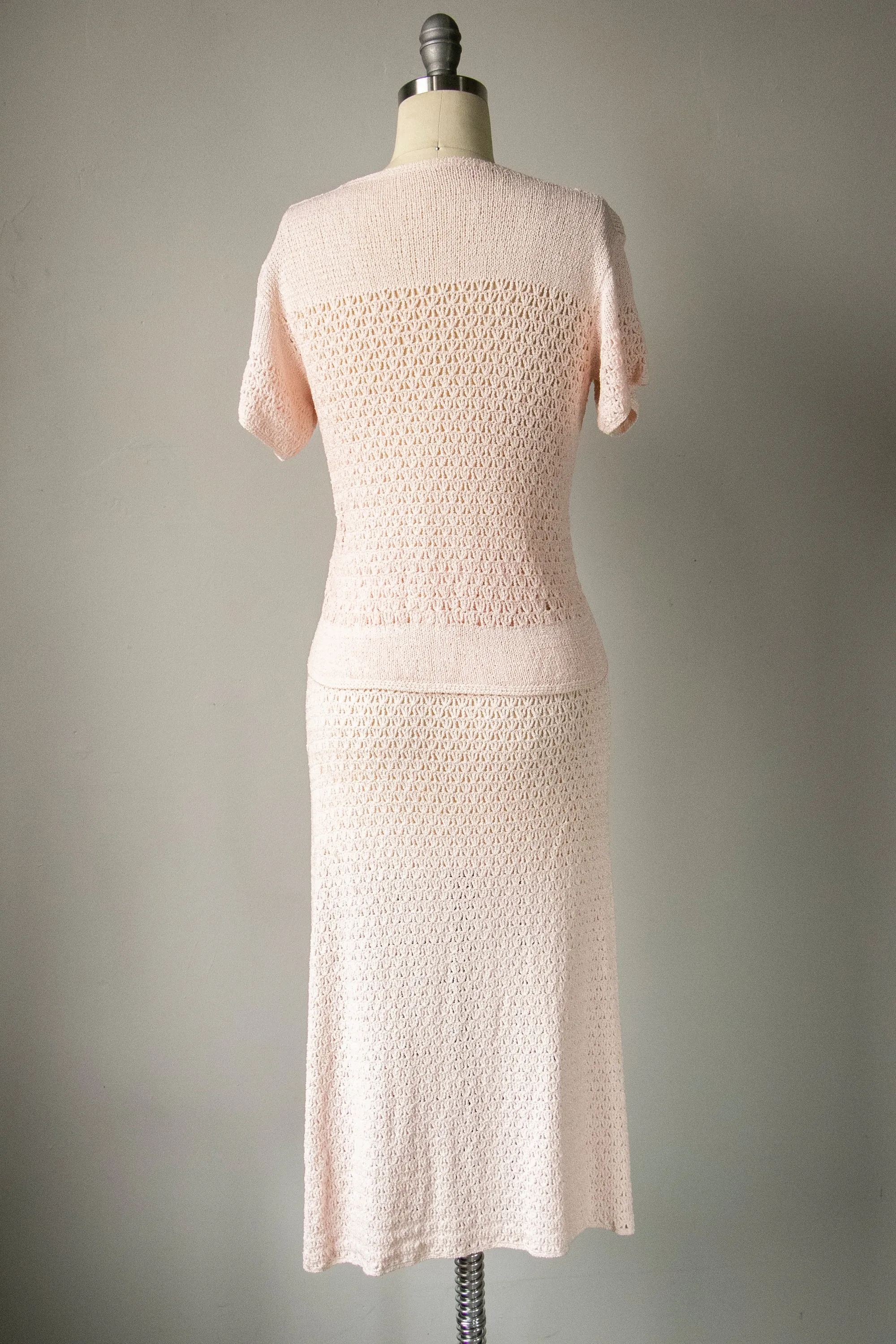 1950s Ensemble Crochet Cotton Knit Skirt Top Set XS / S