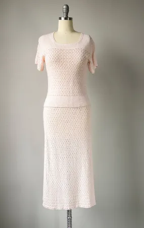 1950s Ensemble Crochet Cotton Knit Skirt Top Set XS / S