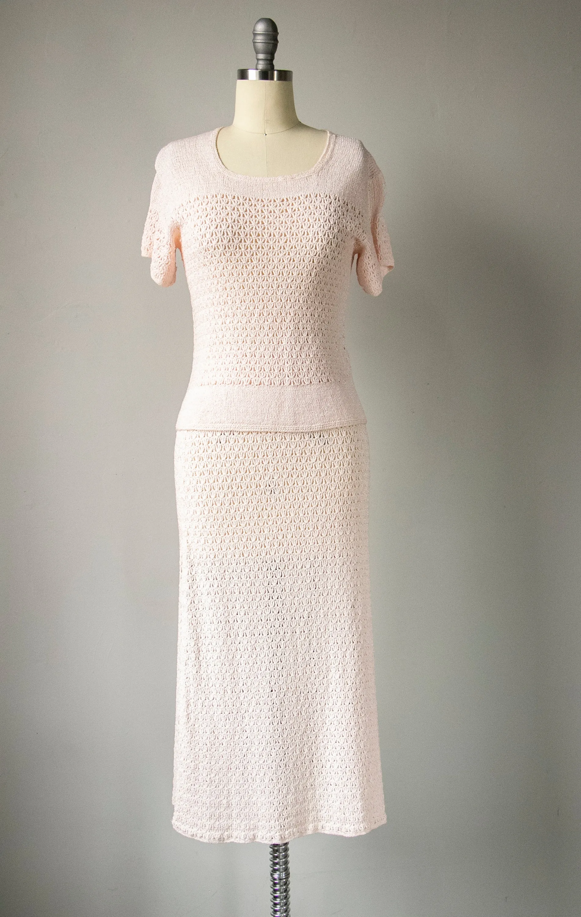 1950s Ensemble Crochet Cotton Knit Skirt Top Set XS / S