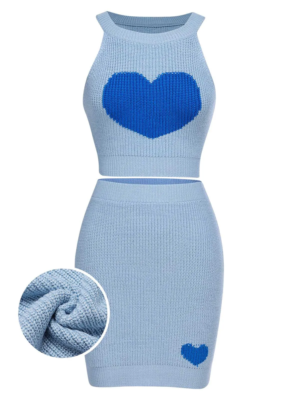 2PCS Blue 1960s Knitted Heart Cropped Top & Skirt