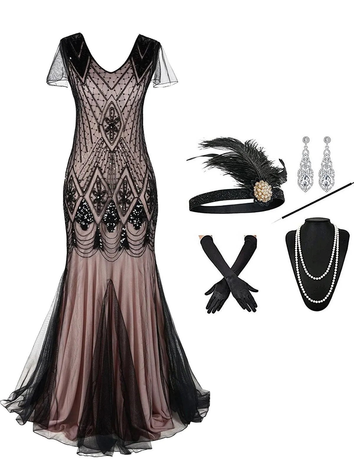 2PCS Top Seller Maxi 1920s Dress & Accessories Set