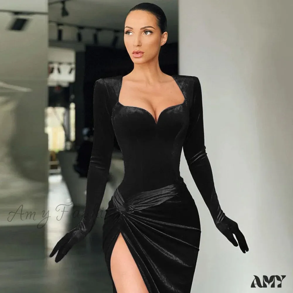 Amy Fashion - Elegant Evening Gloves Sleeve Velvet Slit Maxi Dress