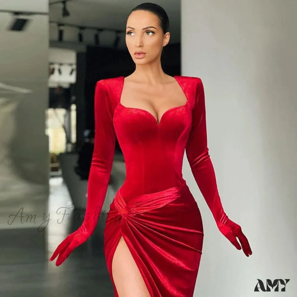 Amy Fashion - Elegant Evening Gloves Sleeve Velvet Slit Maxi Dress