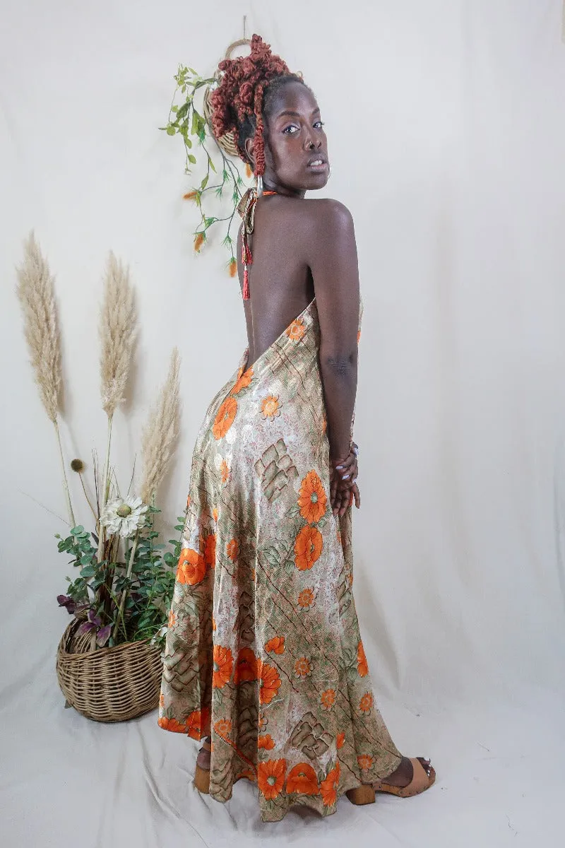 Athena Maxi Dress - Vintage Sari - Cantaloupe Orange Abstract Floral - S to L/XL