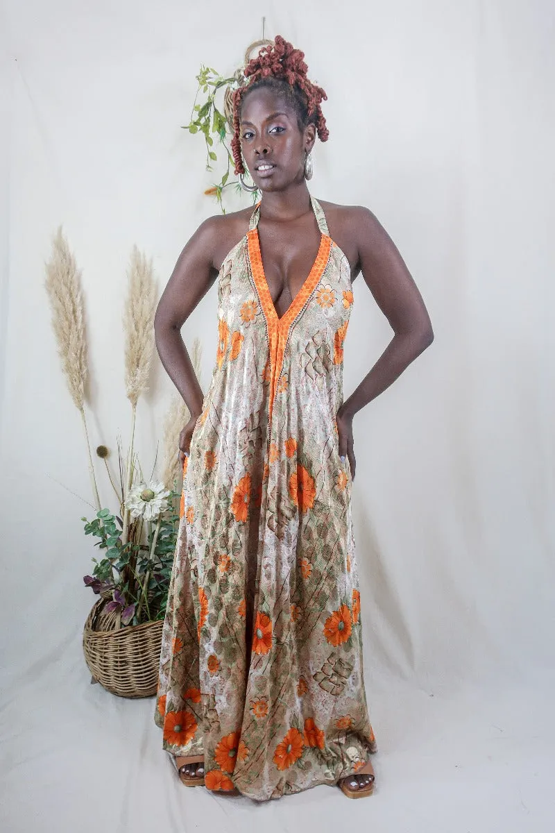 Athena Maxi Dress - Vintage Sari - Cantaloupe Orange Abstract Floral - S to L/XL