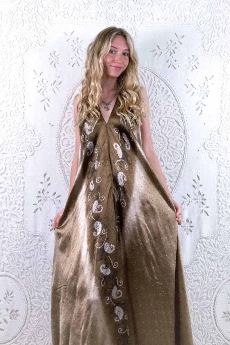 Athena Maxi Dress - Vintage Sari - Coffee Ice Cream - S - M/L