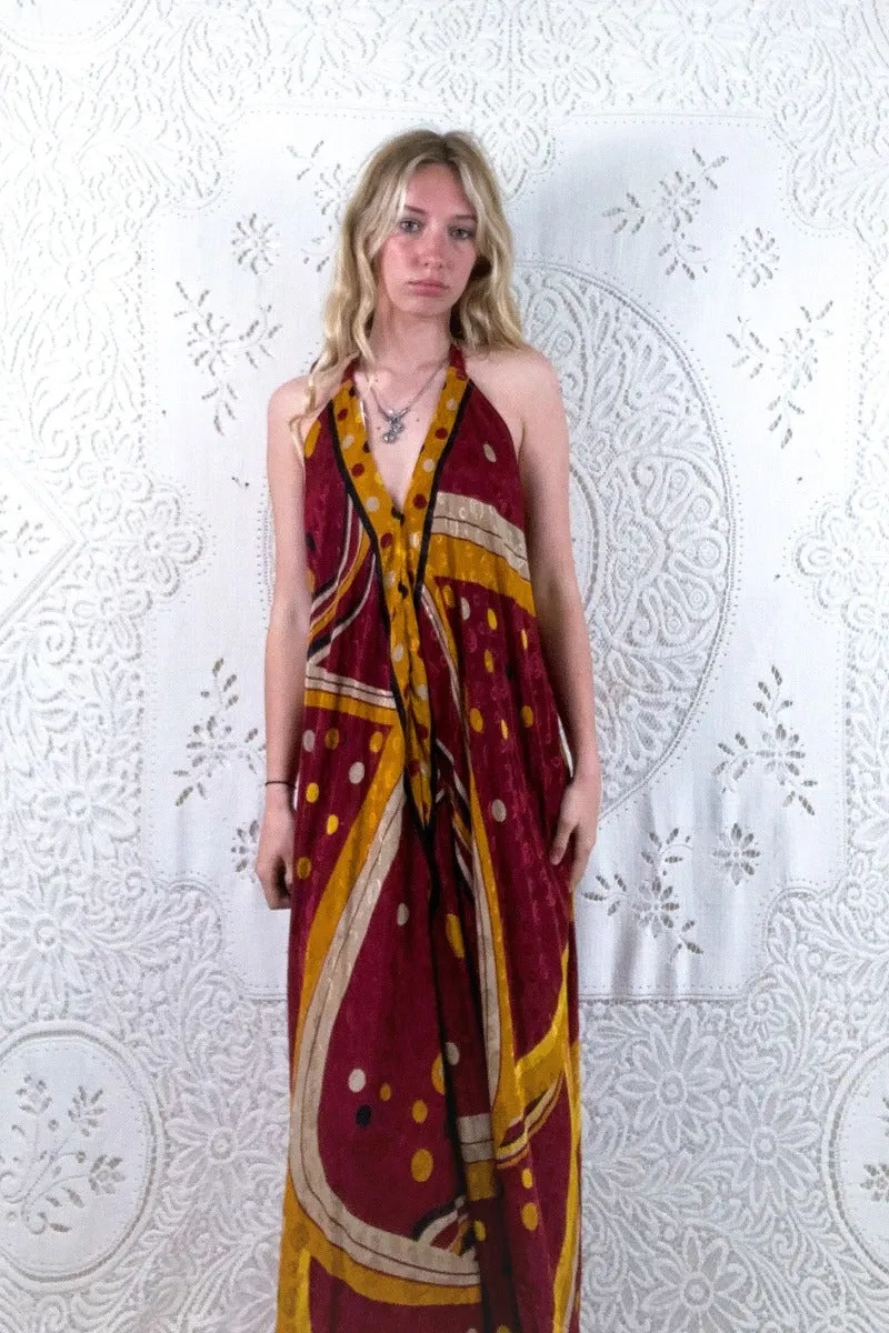 Athena Maxi Dress - Vintage Sari - Earthy Red Polka Dot Swirl - XS - M/L