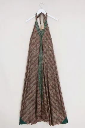 Athena Maxi Dress - Vintage Sari - Green Earth Tiles - Free Size S/M