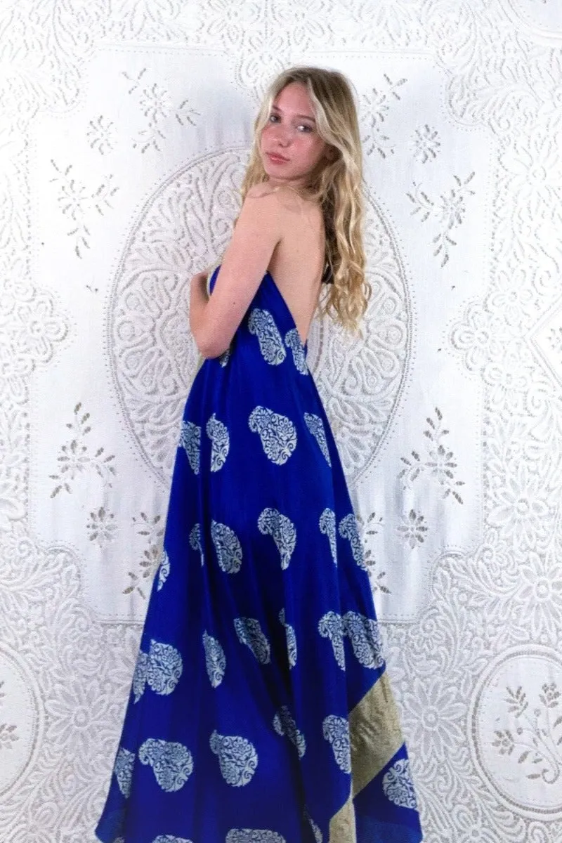 Athena Maxi Dress - Vintage Sari - Indigo Blue Bold Paisley Motif - XS - M/L