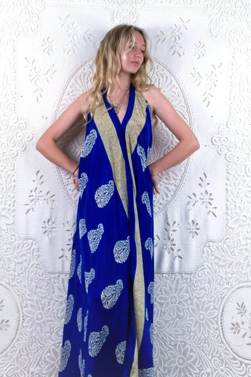 Athena Maxi Dress - Vintage Sari - Indigo Blue Bold Paisley Motif - XS - M/L