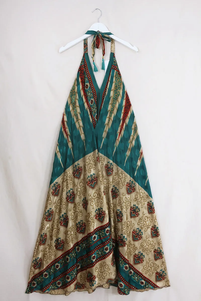 Athena Maxi Dress - Vintage Sari - Lake Green Kilim Stripe - Free Size L/XL