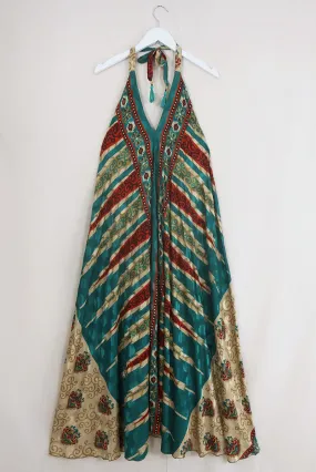 Athena Maxi Dress - Vintage Sari - Lake Green Kilim Stripe - Free Size L/XL