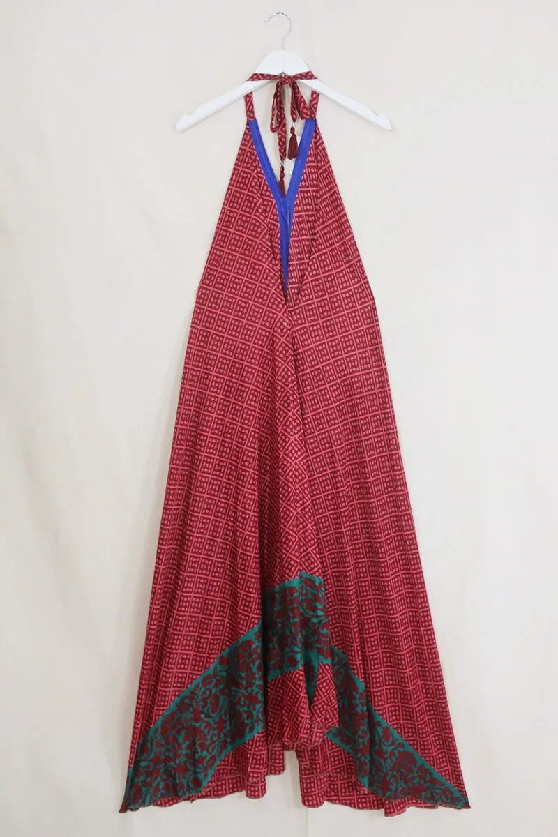 Athena Maxi Dress - Vintage Sari - Maroon Mosaic - Free Size M/L