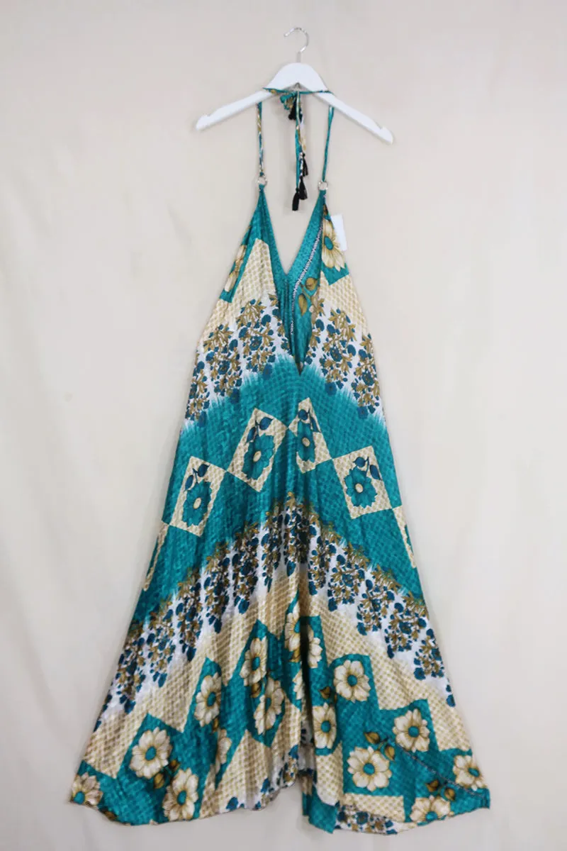 Athena Maxi Dress - Vintage Sari - Mottled Teal & Tan Wildflower - M to L/XL