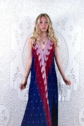 Athena Maxi Dress - Vintage Sari - Precious Red & Blue Embroidery - S - M/L