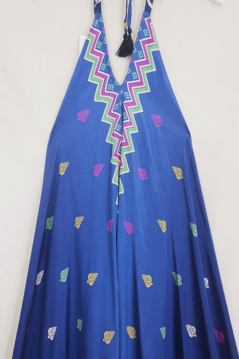 Athena Maxi Dress - Vintage Sari - Prussian Blue Chevron - Free Size S/M