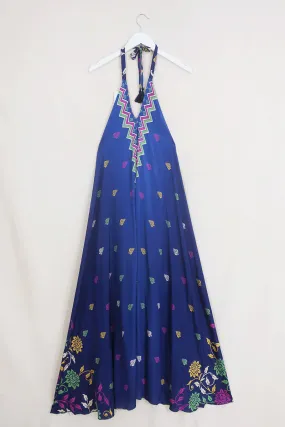 Athena Maxi Dress - Vintage Sari - Prussian Blue Chevron - Free Size S/M