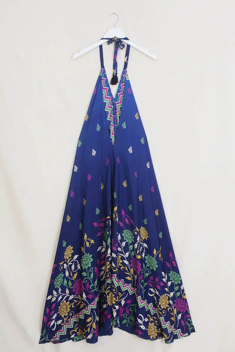 Athena Maxi Dress - Vintage Sari - Prussian Blue Chevron - Free Size S/M