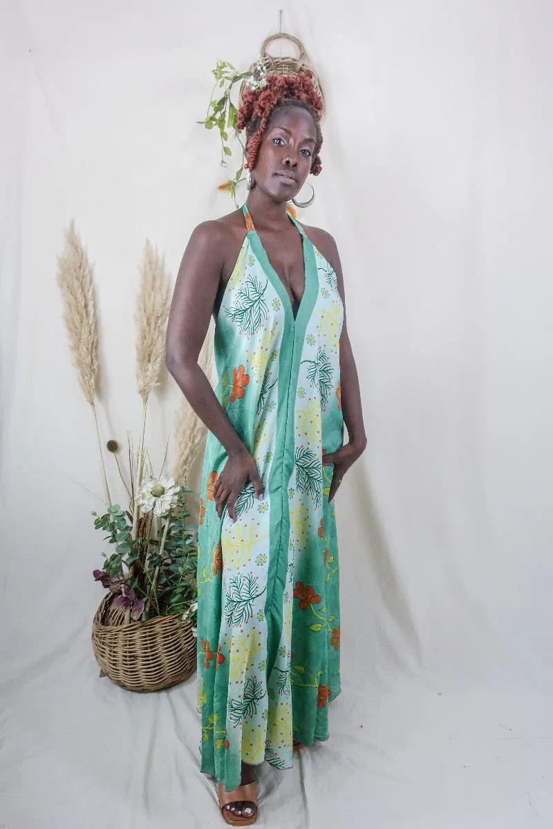 Athena Maxi Dress - Vintage Sari - Sage Green & Ginger Floral - S to L/XL