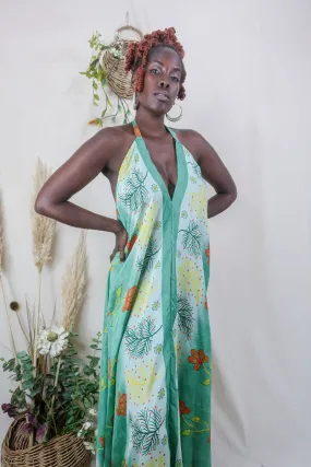 Athena Maxi Dress - Vintage Sari - Sage Green & Ginger Floral - S to L/XL