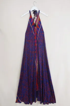 Athena Maxi Dress - Vintage Sari - Scarlet & Blue Village Fair Print - Free Size M/L