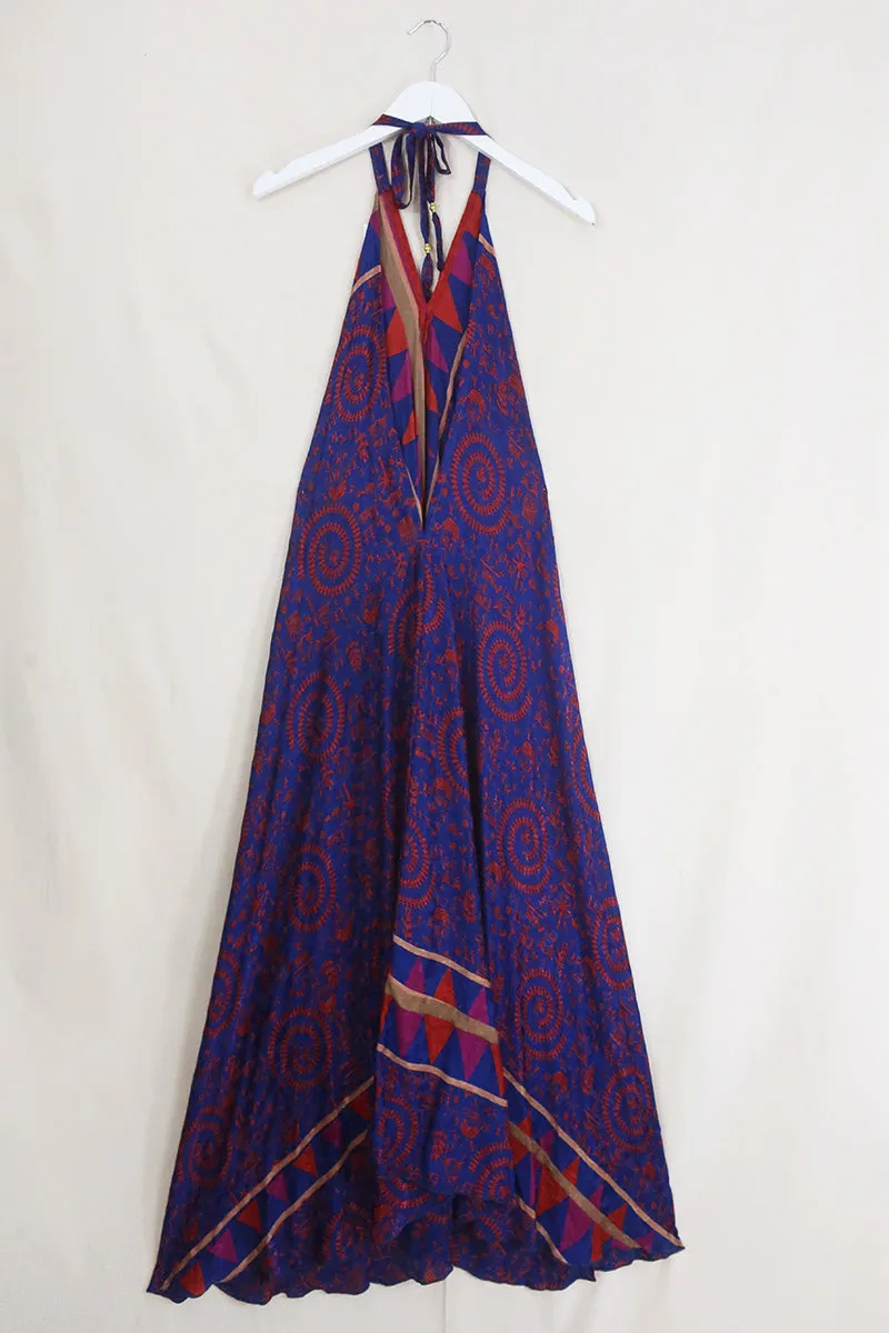 Athena Maxi Dress - Vintage Sari - Scarlet & Blue Village Fair Print - Free Size M/L