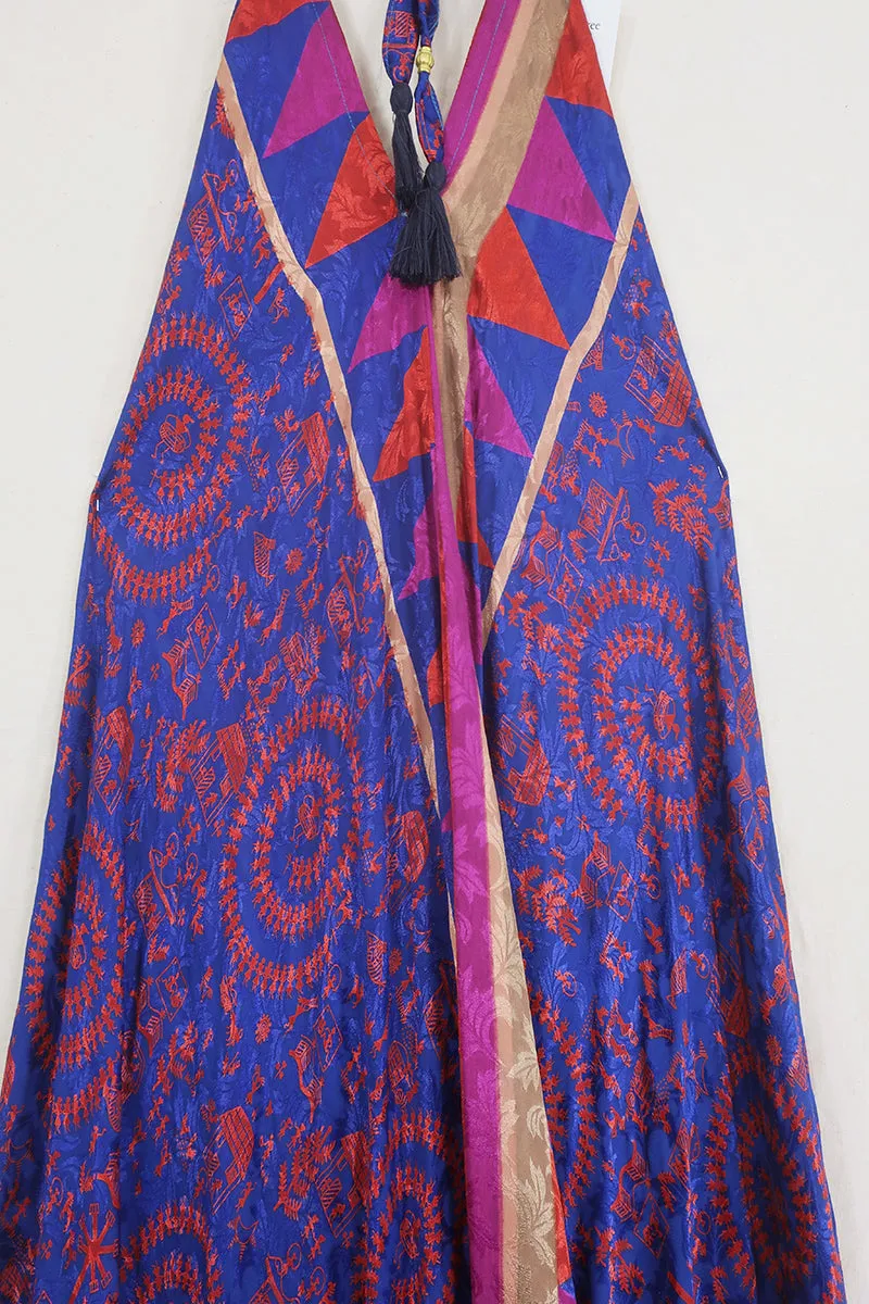 Athena Maxi Dress - Vintage Sari - Scarlet & Blue Village Fair Print - Free Size M/L