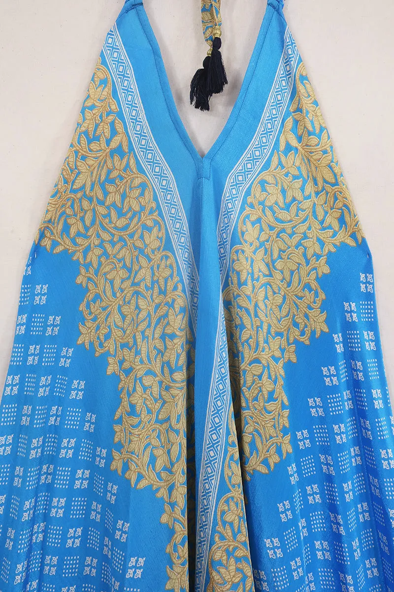 Athena Maxi Dress - Vintage Sari - Sky Blue & Gold - Free Size S/M