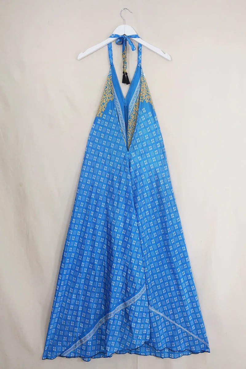 Athena Maxi Dress - Vintage Sari - Sky Blue & Gold - Free Size S/M