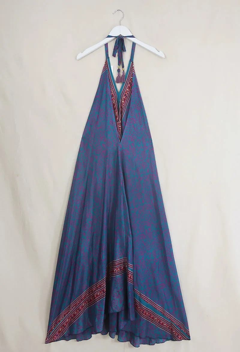 Athena Maxi Dress - Vintage Sari - Teal Falling Flowers - Free Size M/L