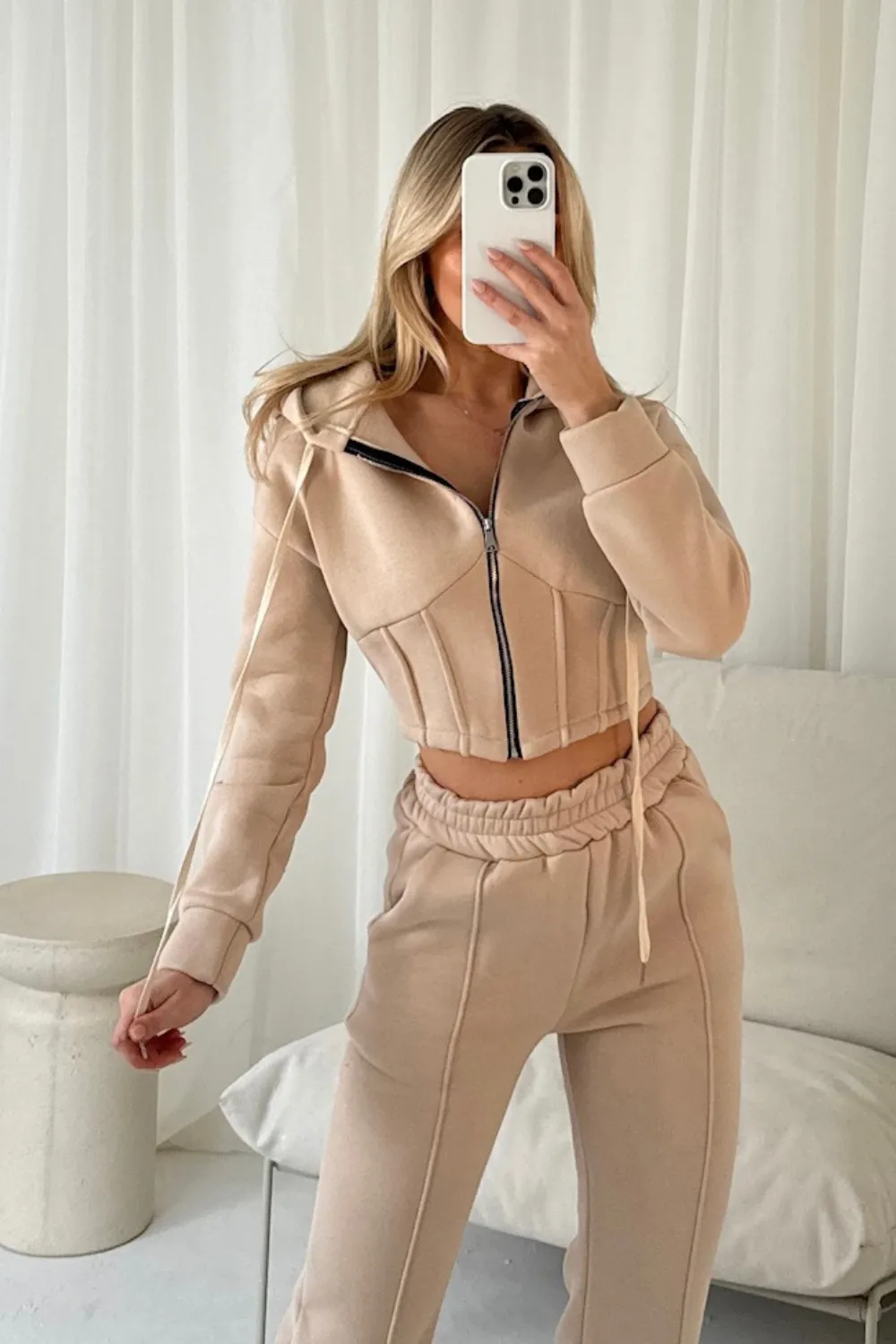 Aubrey beige cropped jacket jogger loungewear set