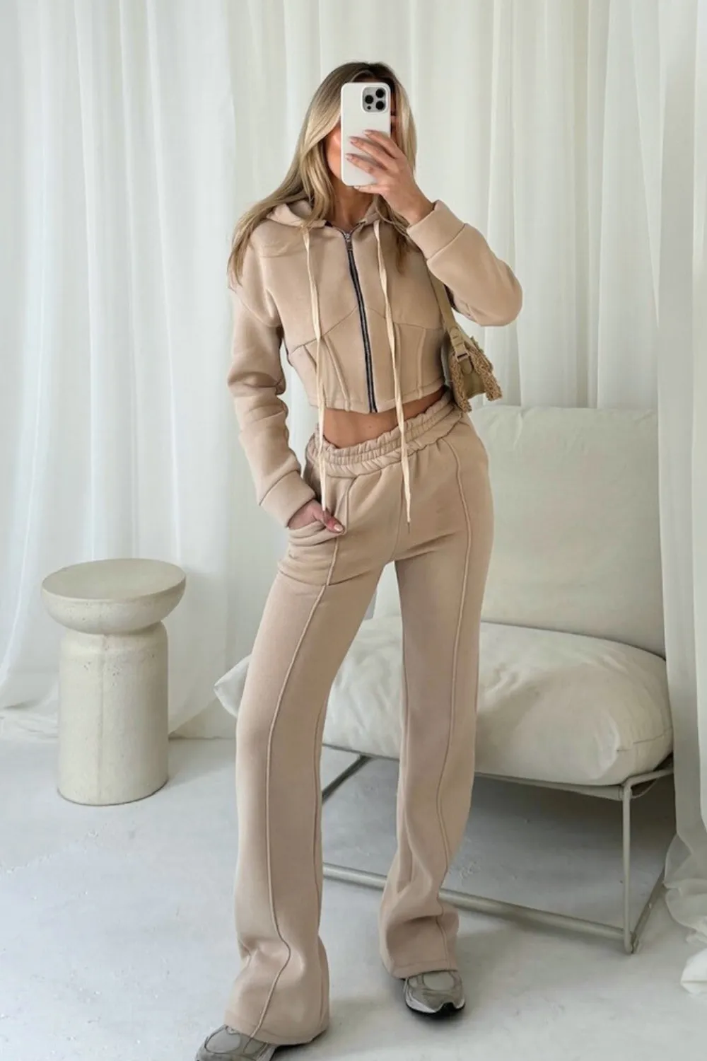 Aubrey beige cropped jacket jogger loungewear set