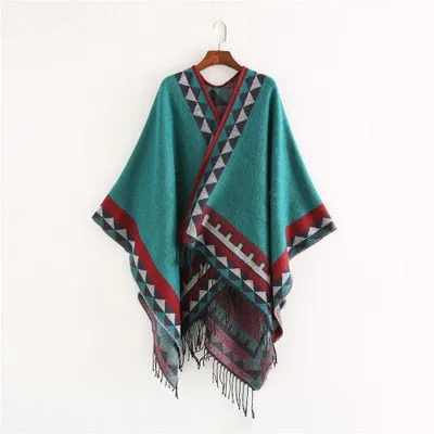 Aztec Ruana Poncho In 10 Different Colors Imitation Cashmere Indian Blanket Scarf Tribal Wrap Terracotta Black Turquoise Charcoal Gray Blue Beige One Size