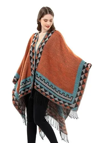 Aztec Ruana Poncho In 10 Different Colors Imitation Cashmere Indian Blanket Scarf Tribal Wrap Terracotta Black Turquoise Charcoal Gray Blue Beige One Size