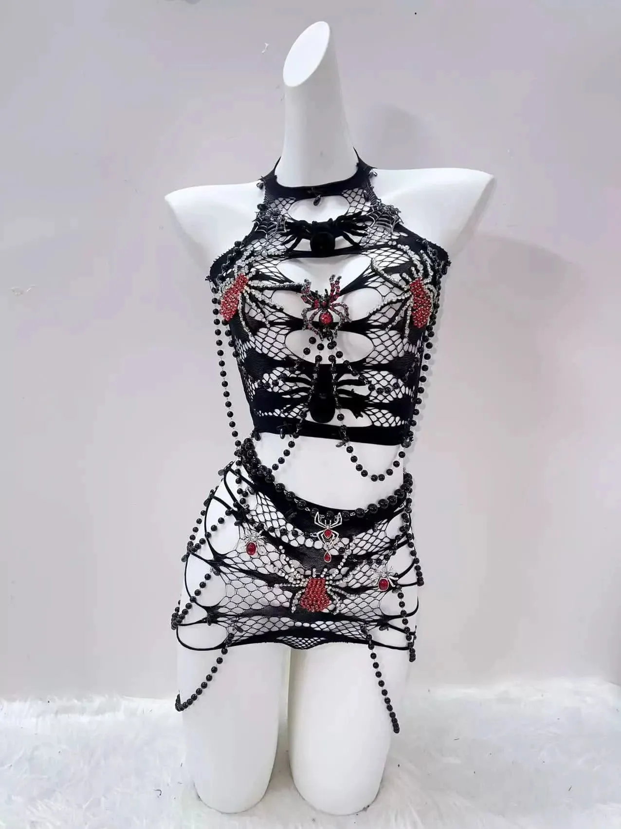 Beaded hollow out see through Spider applique mini skirt set