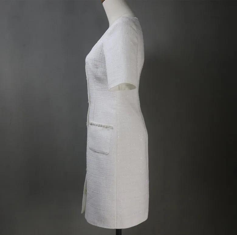 Bespoke White Tweed Dress with Square Neck