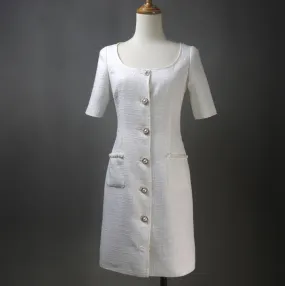 Bespoke White Tweed Dress with Square Neck