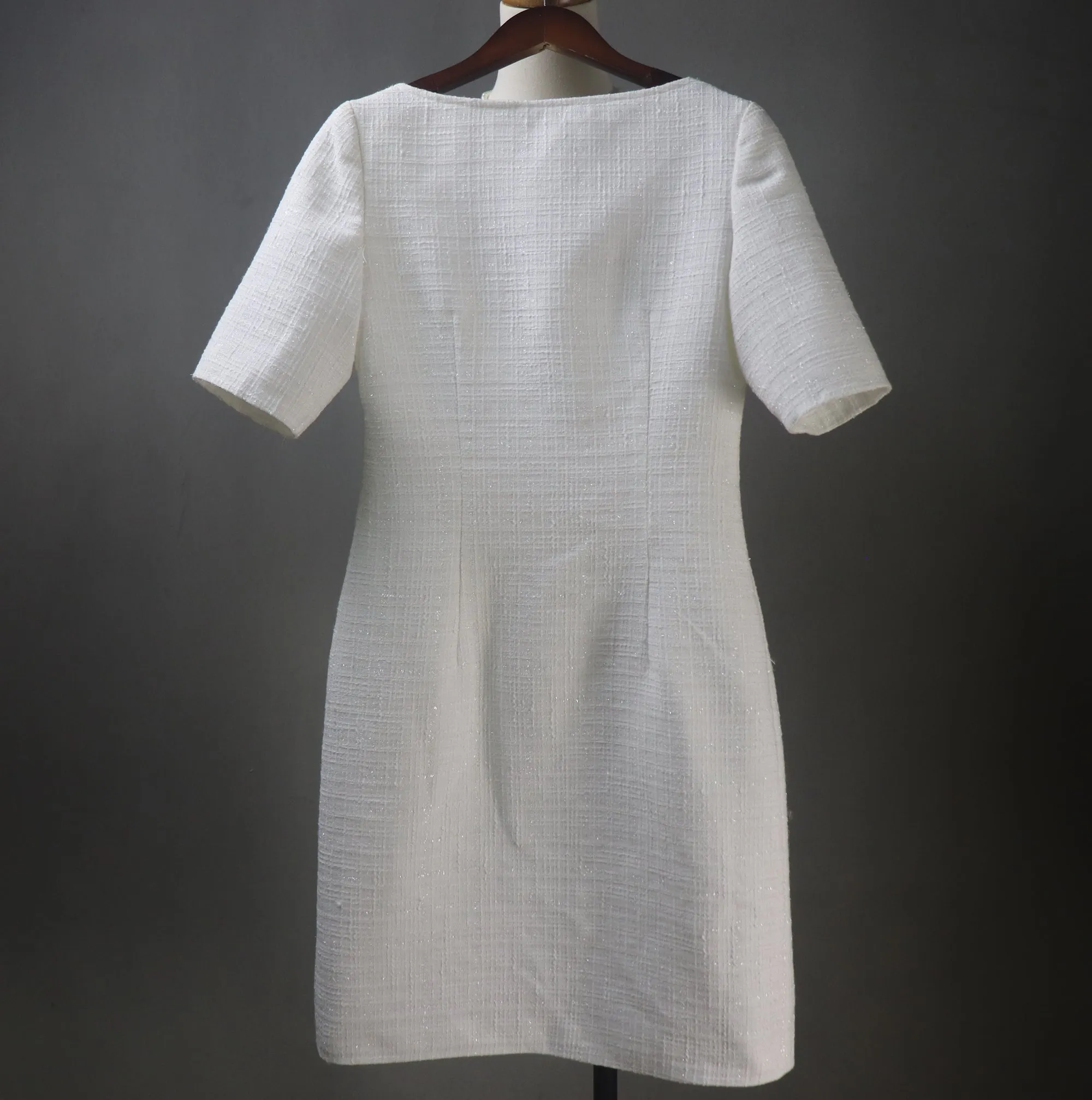 Bespoke White Tweed Dress with Square Neck