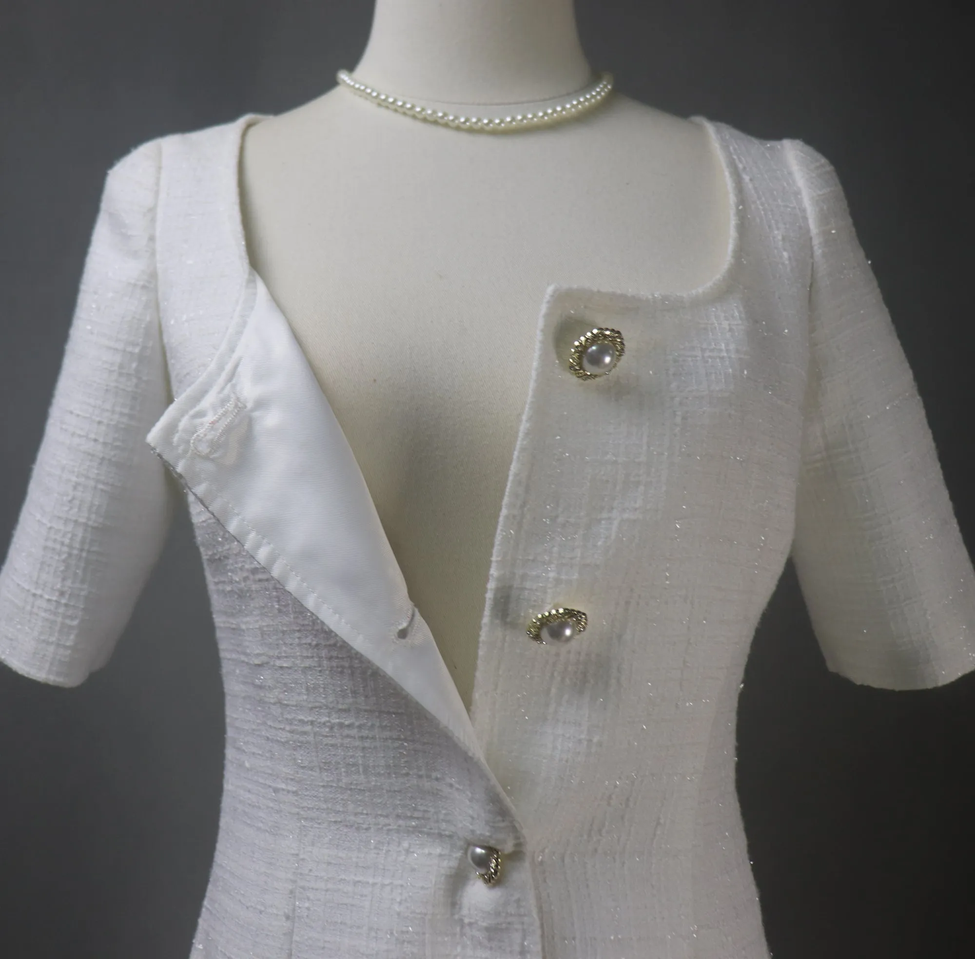 Bespoke White Tweed Dress with Square Neck