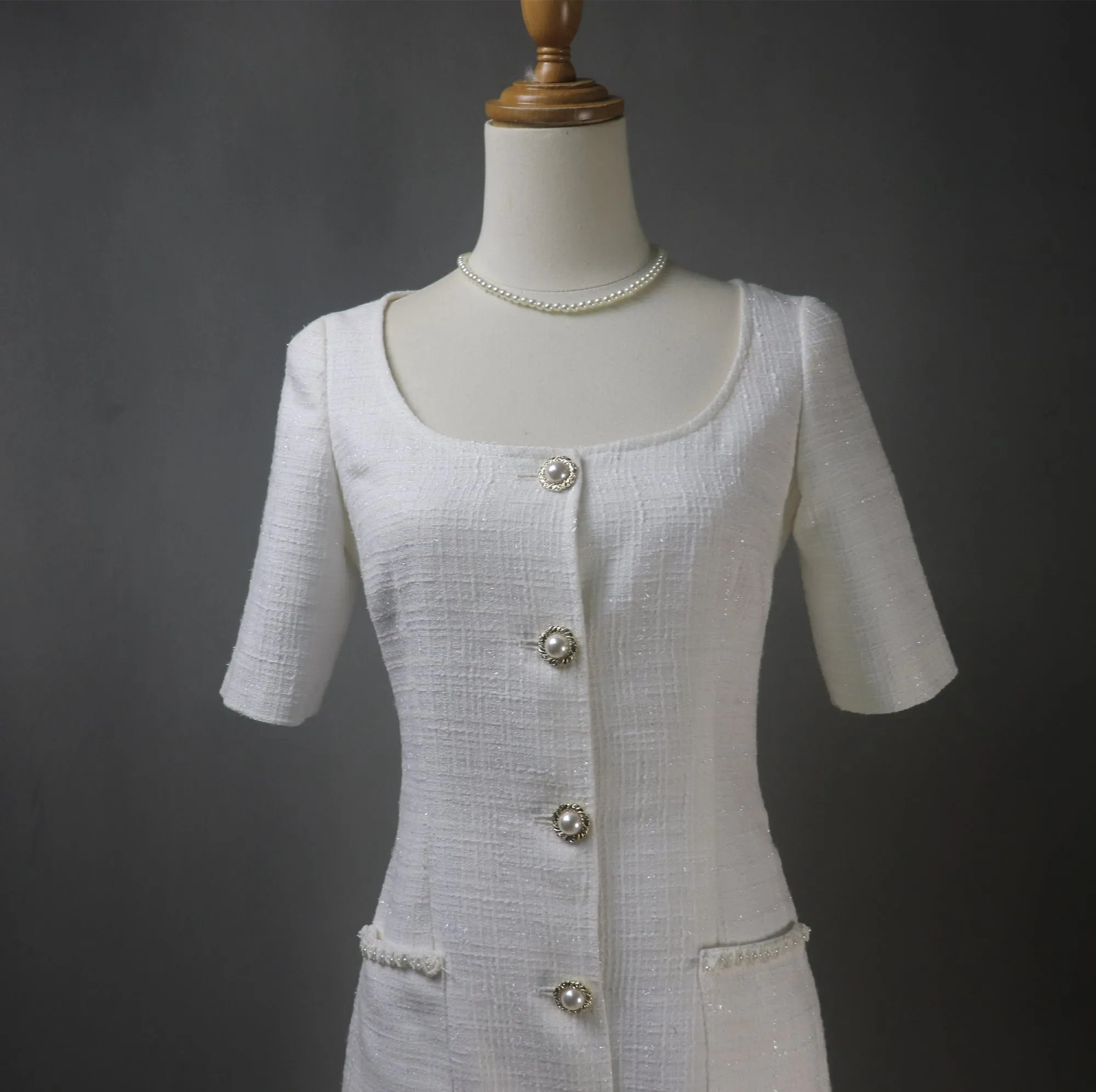 Bespoke White Tweed Dress with Square Neck