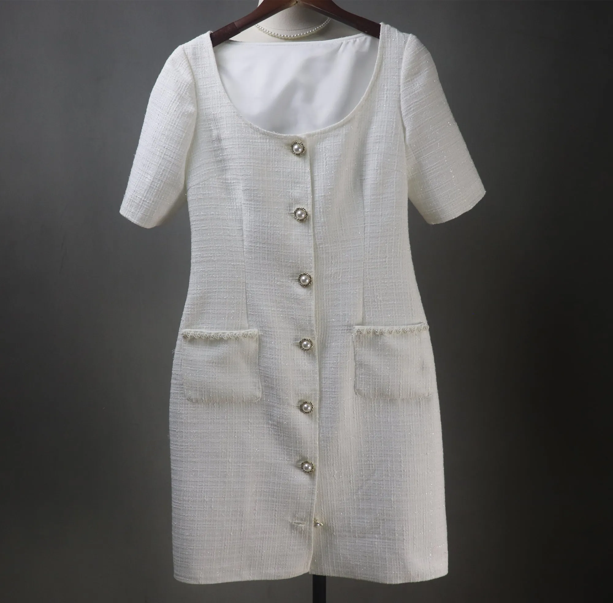 Bespoke White Tweed Dress with Square Neck