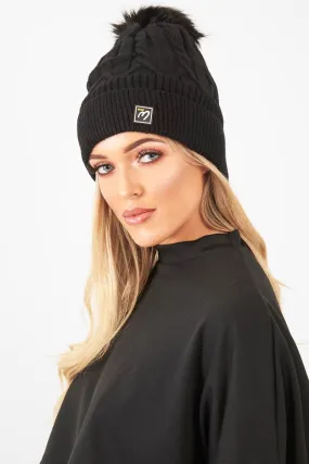 Black Cable Knit Bobble Hat - Lillyona