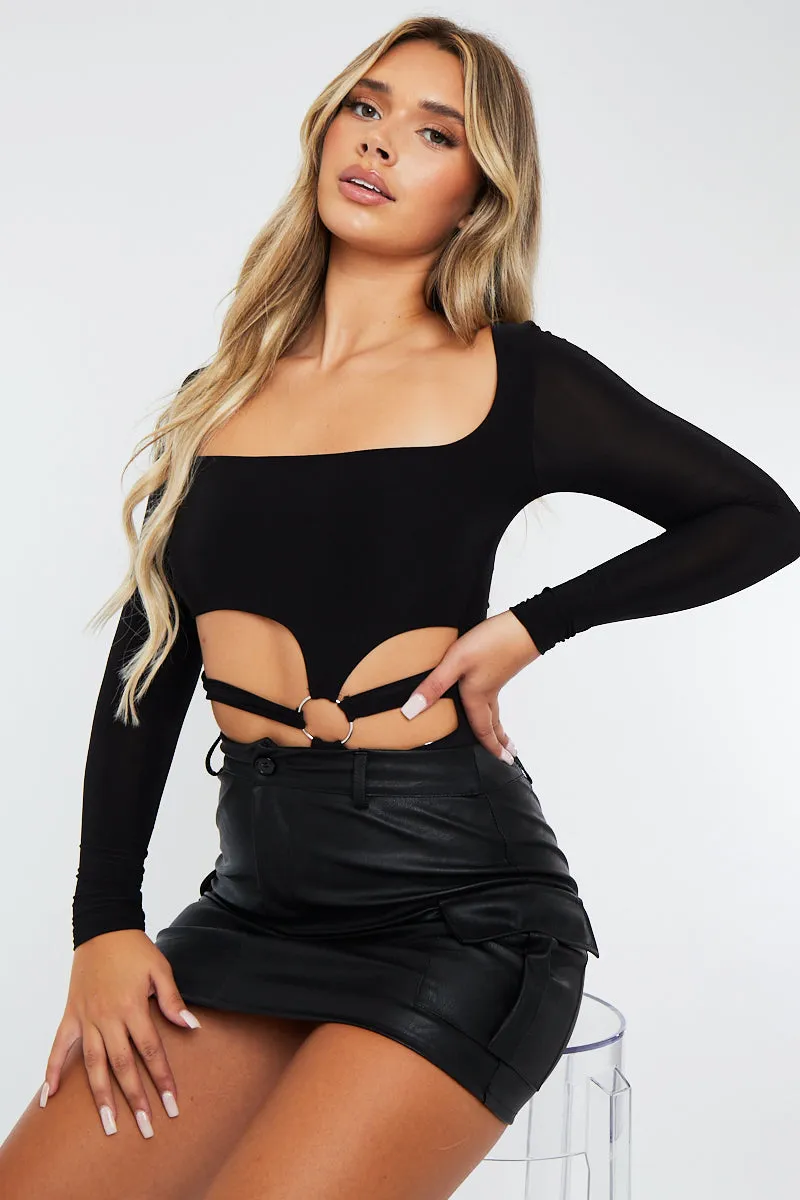 Black Cargo Pocket Faux Leather Mini Skirt - Taylia