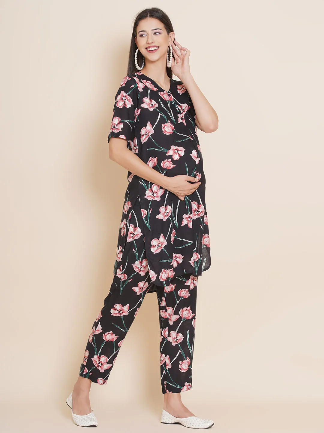 Black Floral Maternity Kurta