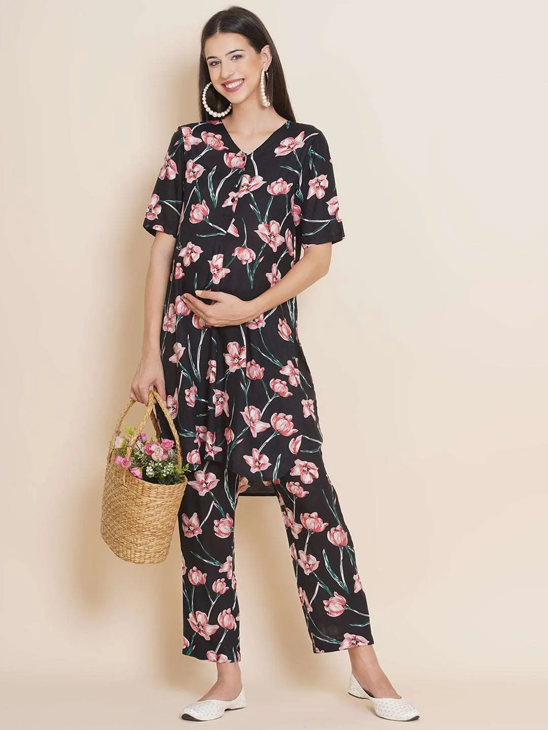 Black Floral Maternity Kurta