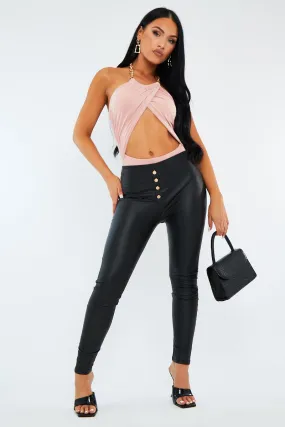 Black PU Leather Faux Button Front Leggings - Ambra