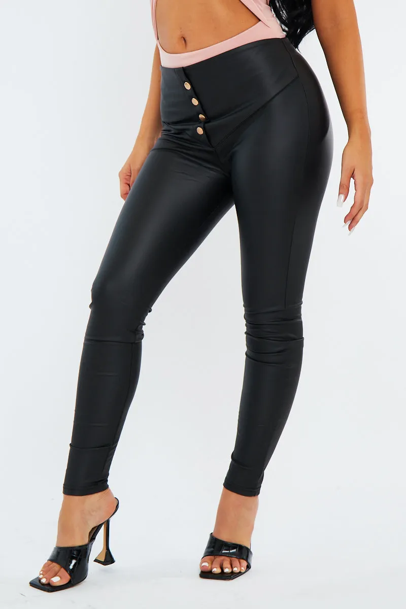 Black PU Leather Faux Button Front Leggings - Ambra